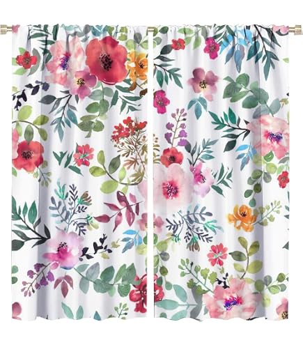 CINEKER Sage Green Leaves Kitchen Curtains - Botanical Vine Print 2 Panels, 27.5x39 Inch, Farmhouse Tier Style