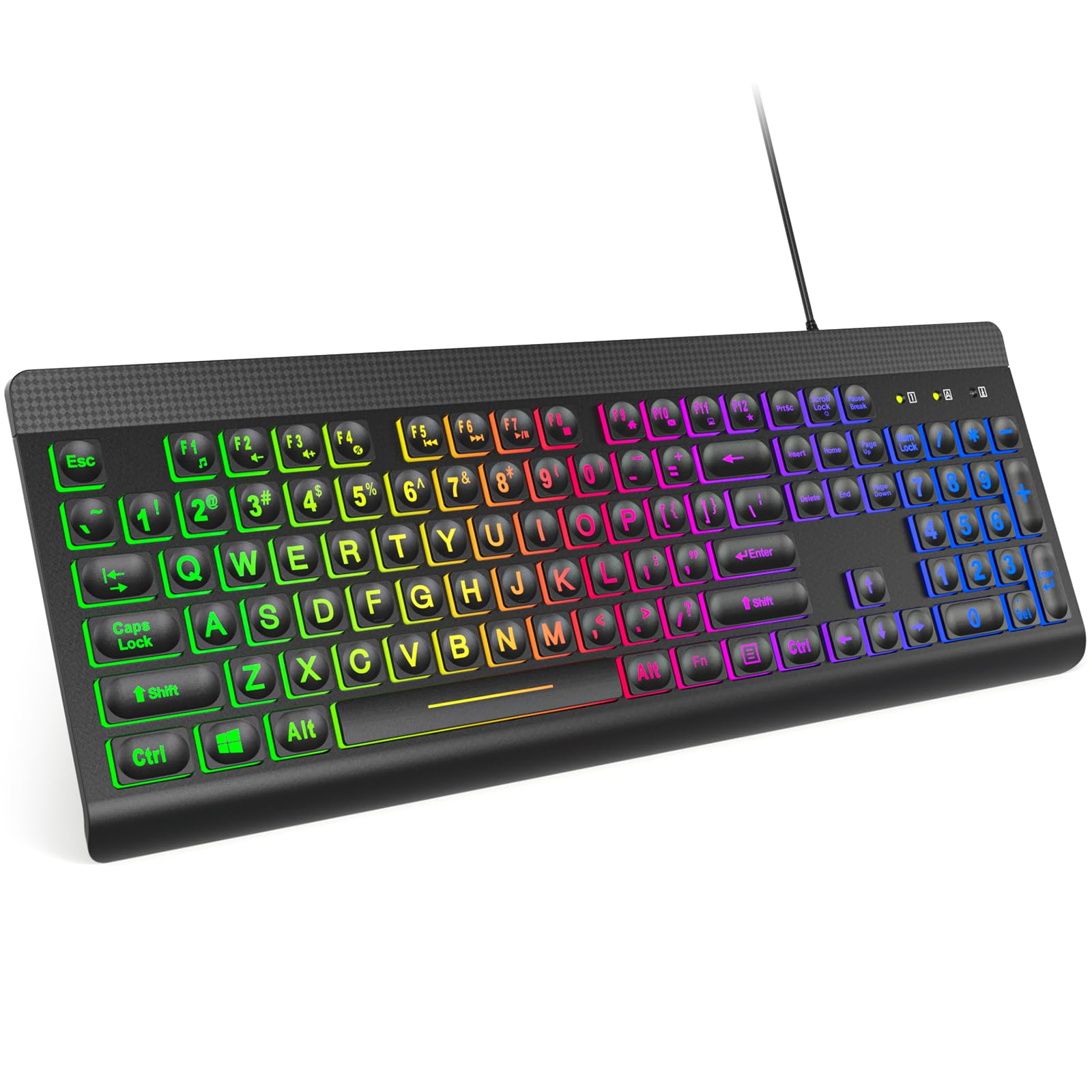 Meidosa Backlit Keyboard Wired Large Print, Computer Keyboard with Rainbow Illuminated LED, USB Keyboard with Numeric Keypad and Media Hotkey for Windows PC Laptop