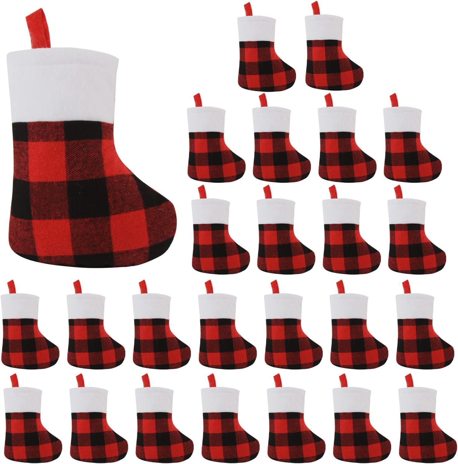 Stockings & Holders - CCINEE 24 Pack Mini Christmas Stockings, 7” Red and Black Buffalo Plaid Xmas Stocking with Plush Cuff Small Hanging Stocking Decoration for Holiday Home Wall Fireplace Christmas Tree Decor