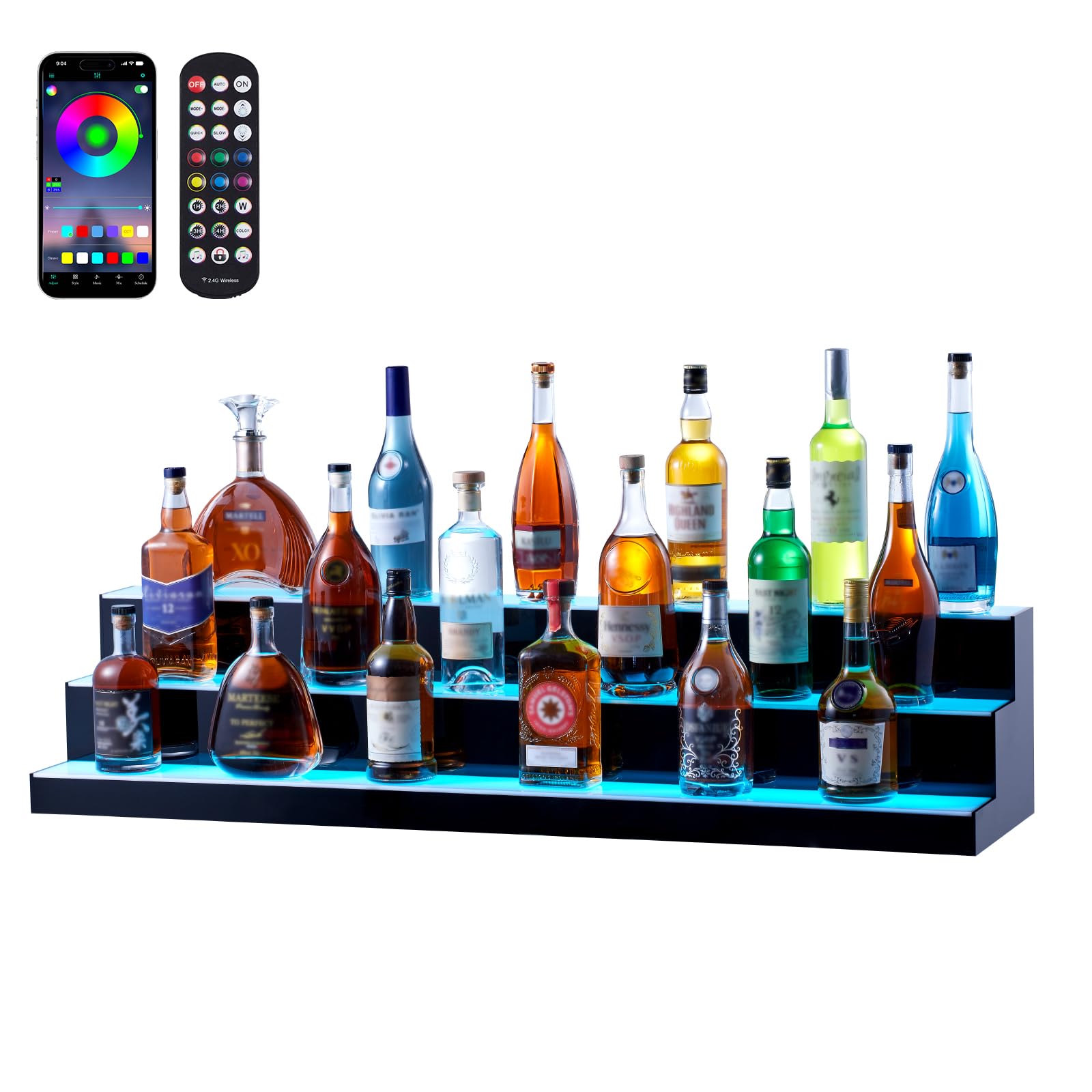 Photo 1 of VEVOR LED Lighted Liquor Bottle Display, 3 Tiers 48 Inch Commercial Illuminated Home Bar Shelf, 3 Steps Whiskey Rack Stand, Acrylic Drink Shelves with RF Remote & App Control, and Multicolor Light