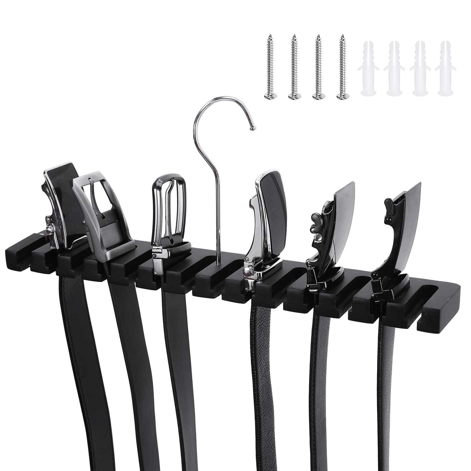 SUNTRADE 14-in-1 Wooden Wall Mount Belts & Tie Organizer with Swivel Hook, Display for Closet, Door, Wall (Black)