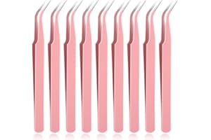 GTZIQA 9 Pcs Precision Tweezers, Stainless Steel Craft Tweezers for Crafting, Curved Tweezer Multipurpose Pointed Long Tweezer for Crafting DIY Bead Jewelry Making, Scrapbooking, Crafts, Nail Art (Pink)