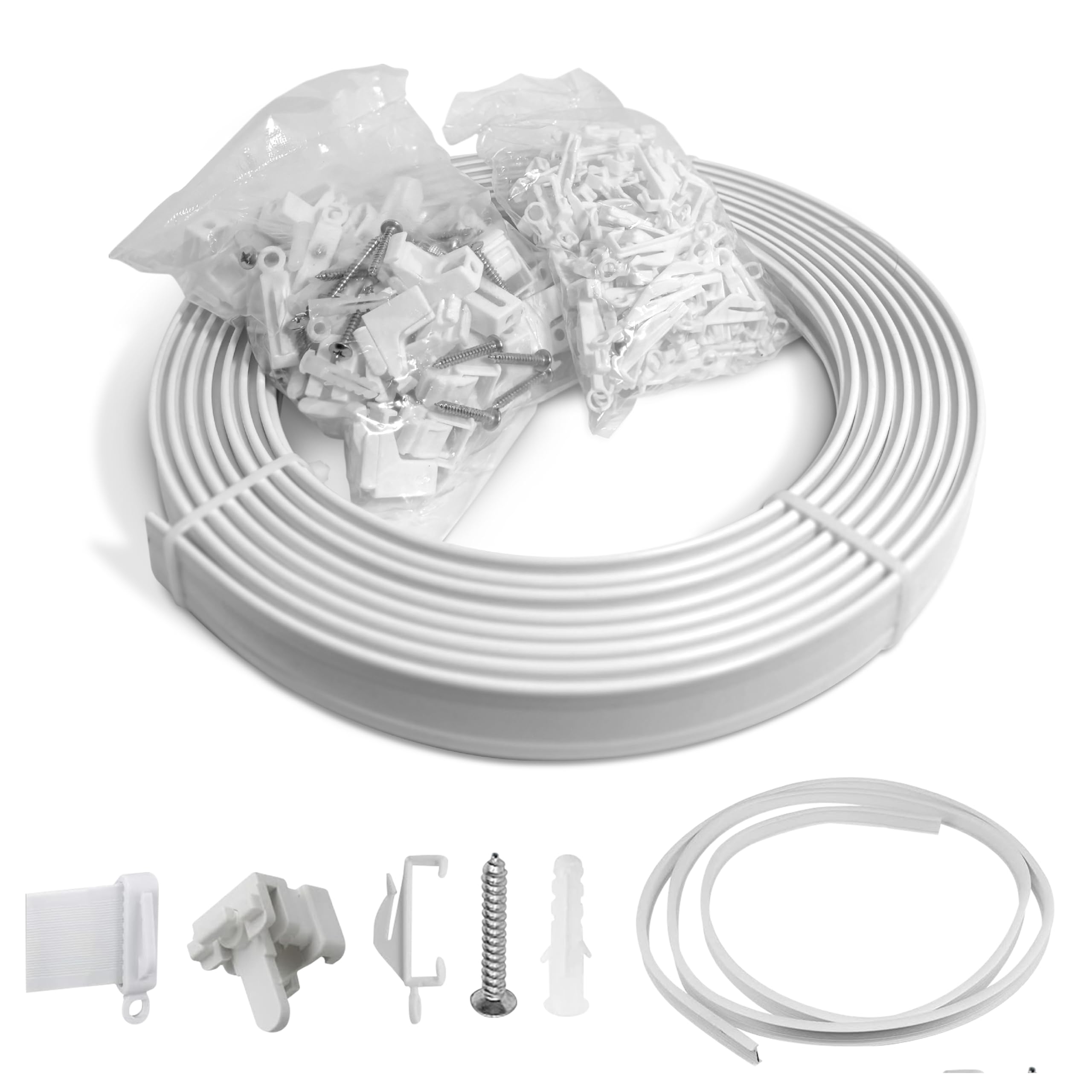 REMI TOOLS LTD 4.5 Meter/ 15 FT Plastic Curtain Track Glider Rail For Straight And Bay Windows White (18 Bracket, 8 End, 56 Gliders, 18 Screws)