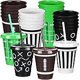Havawish 24 Pcs Bulk Reusable Football Cups with Lids and Straws 16 oz Plastic Football Tumblers Ball Drink Cup for Sport Birthday Party Supplies Decorations in 4 Designs