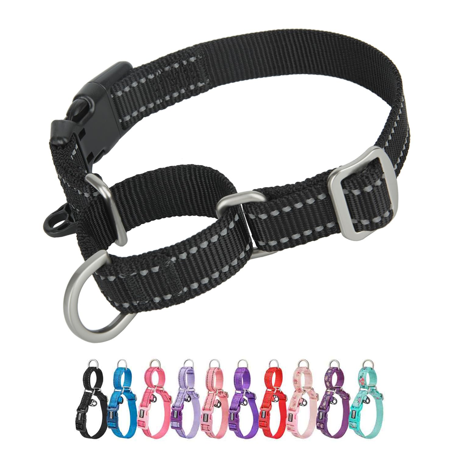 Petiry Martingale Collar Reflective Nylon Collar Anti-pull Coller with Safety Quick Release Buckle,Escape-proof for Large Dogs Neck 38-50cm(Black,L) — image 1