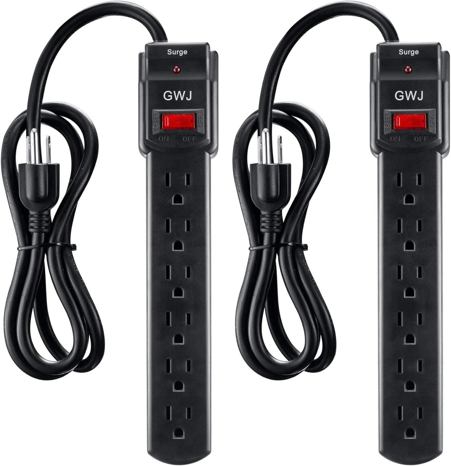 GWJ 6-Outlet Surge Protector Power Strip, 4-Foot Cord, Overload Protection, 200 Joule, Black-2 Pack: Electronics