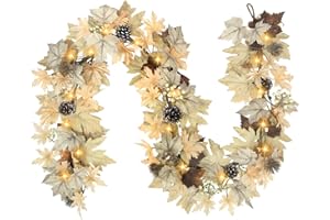 CHEAWRTZ Realistic Fall Garland with Lights, 6 FT Real Touch Feel Leaves Garland with Berries Pine Cones, Fall Decorations for Home Thanksgiving Halloween Decorations Indoor Farmhouse Porch Fireplace