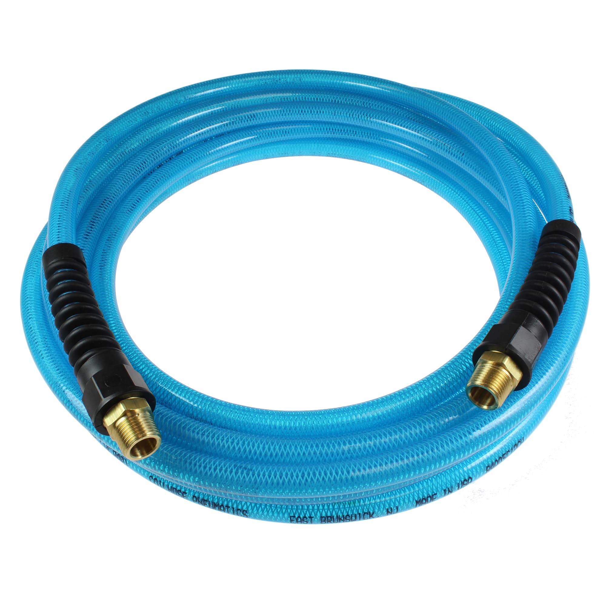 Coilhose Pneumatics PFE60504T Flexeel Reinforced Polyurethane Air Hose, 3/8-Inch ID, 50-Foot Length with (2) 1/4-Inch MPT Reusable Strain Relief Fittings, Transparent Blue