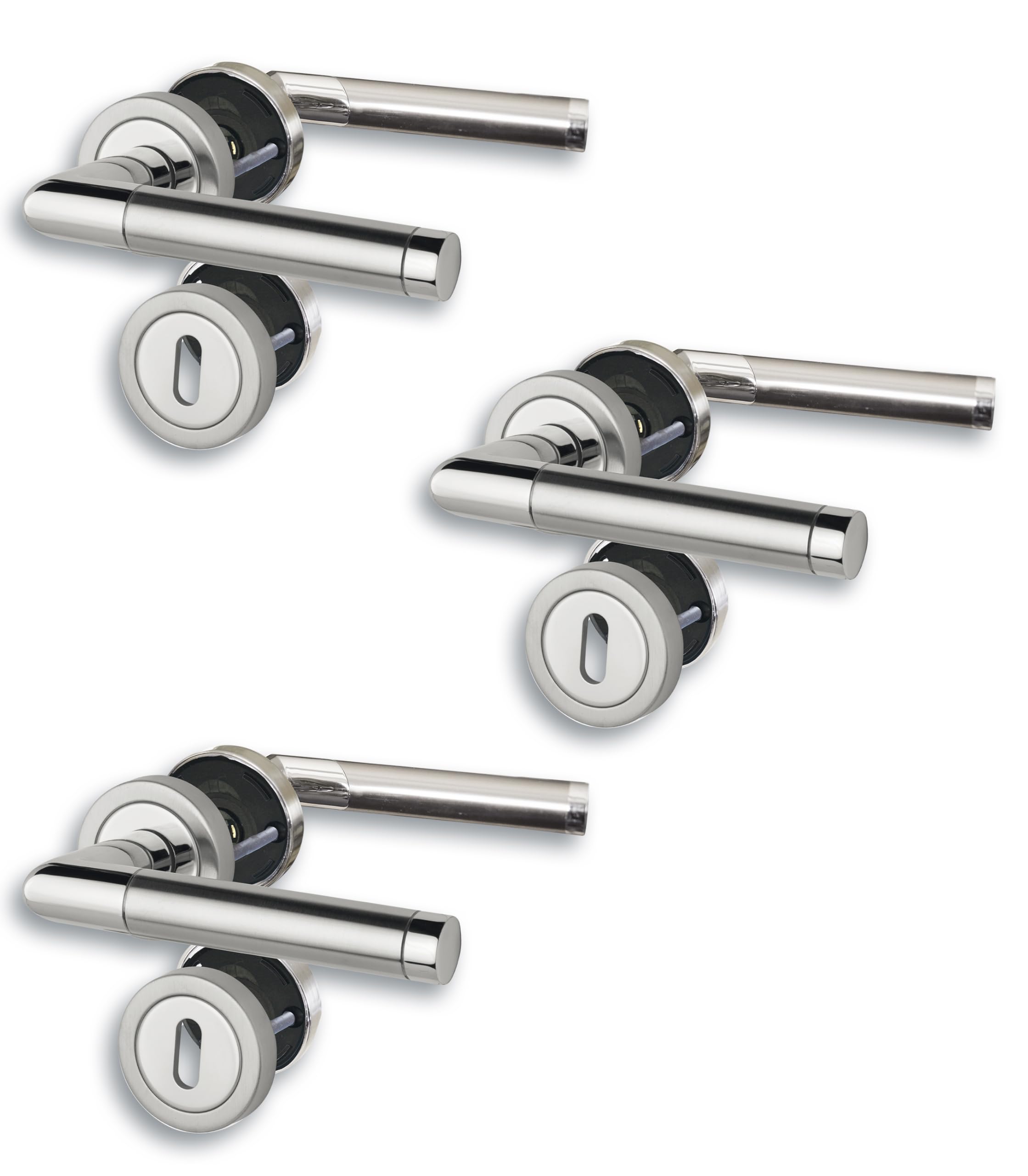 Set of 3 Rosette V Door Fittings, Polished Stainless Steel/Satin Finish for 3 Room Doors with Deadlock Holes, Cliprosette, Diameter 52 mm, Door Handle, Door Handle
