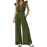 dowerme Women's Jumpsuits Dressy Casual 2026 Summer Ruffle Cap Sleeve V Neck Button Smocked Rompers Wide Leg Overalls