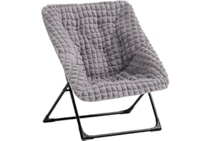 HollyHOME X-Large Saucer Chair, Comfy Oversized Folding Chair, Faux-Fur Reading Chair for Teens, Adults, Foldable Accent Lazy Chair, Metal Lounge Chair for Living Room, Bedroom, Dorm, Grid Blue&Grey