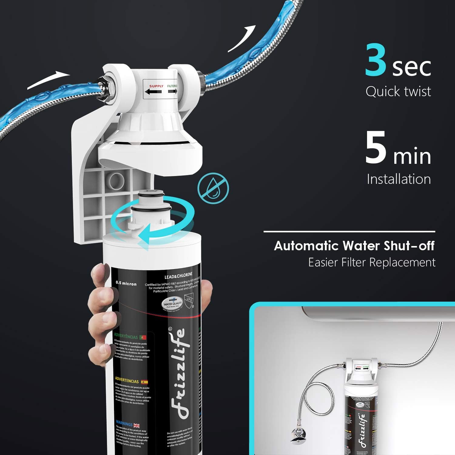 Frizzlife Under Sink Water Filter System-High Capacity Direct Connect Under Counter Drinking Water Filtration System-0.5 Micron Quick Change Removes 99.99% Lead, Chlorine, Bad Taste & Odor. - - .com
