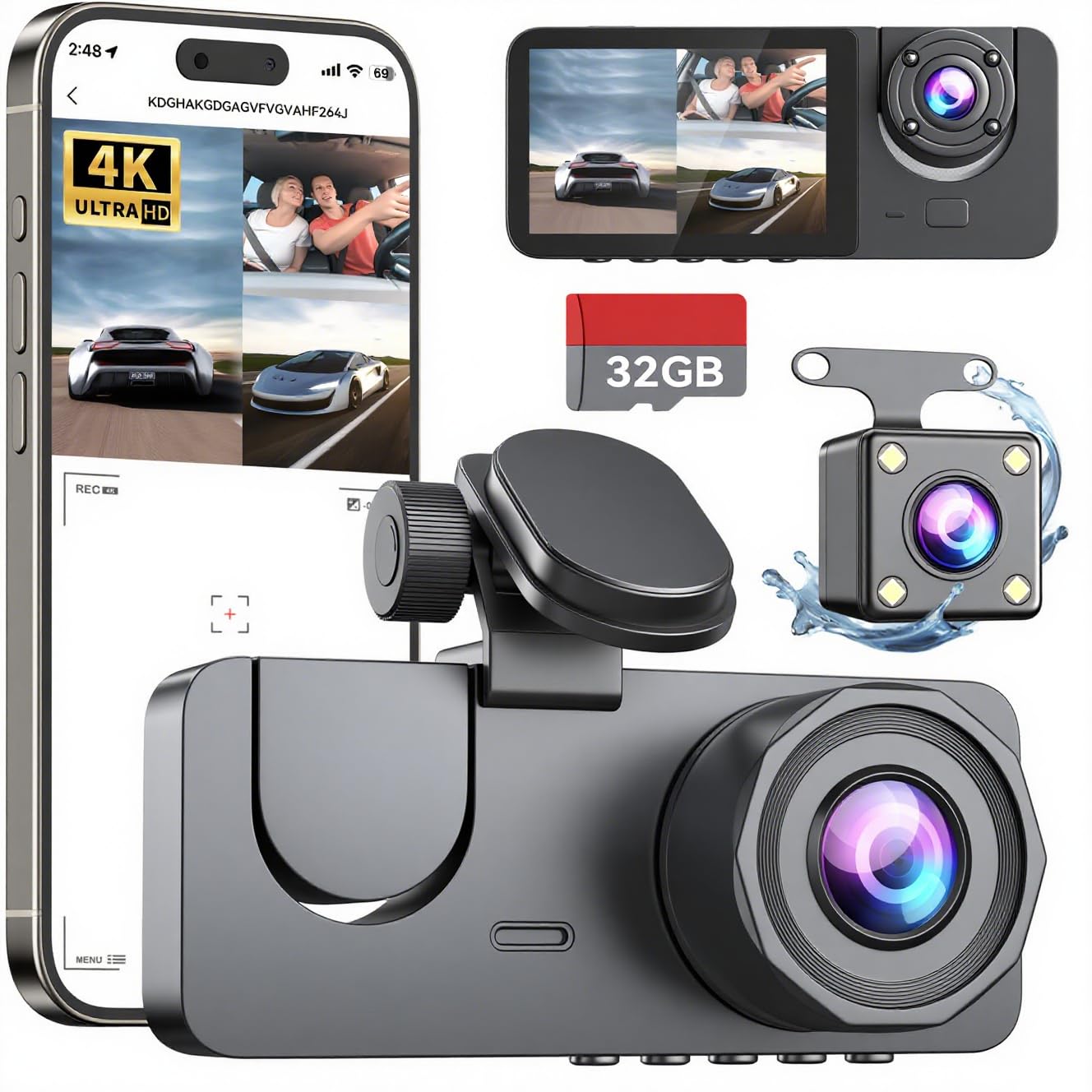 Photo 1 of Dash Cam Front and Rear Inside,4K Full HD 3 Channel Dash Camera for Cars, Free 32GB Card, 2'' IPS Screen Dashcam with Night Vision, G-Sensor, 24H Parking Mode, 170°Wide Angle, Loop Recording