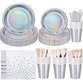 200PCS Iridescent Party Decorations Supplies, Paper Plates and Napkins Set, Iridescent Party Tableware Set for Mermaid Unicorn Birthday Wedding Party, Serve for 25 (Iridescent Set)