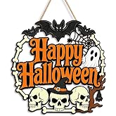 Halloween Door Decorations Wooden Skeleton Door Wreaths for Front Door | 11.6inch, Bat Ghost Happy Halloween Wall Plaque Hanging Sign for Home Wall Decor Party Outdoor Indoor Supply