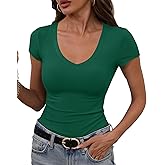 GEMBERA Womens' Stretchy V Neck Short Sleeve Form Fitted Casual Basic Top T-Shirts