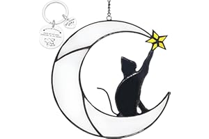 COMFYROOM Stained Glass Window Hanging, Playing Cat on Moon Suncatcher for Window, Cat Lover Gifts for Women, Cat Memorial Gifts for Loss of Cat, Wall Decor for Loss of Cat Sympathy Gift（White Moon）