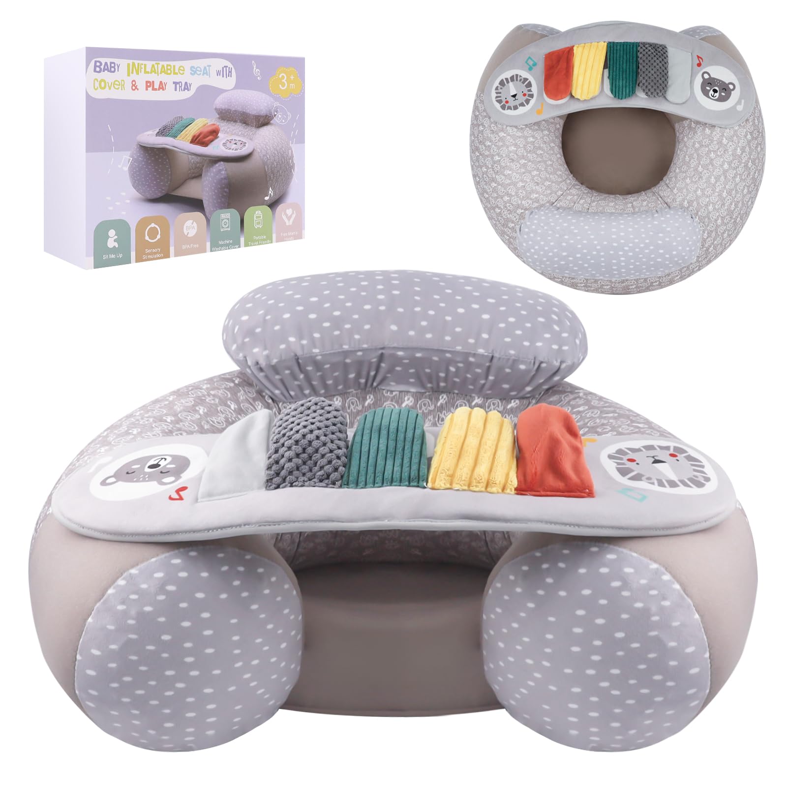 Photo 1 of Upgraded Blublu Park Baby Donut Sit Me Up Floor Seat for 3-36 Months, Wider U-Shape Inflatable Baby Seat with Cover, Activity Chair for Sitting up, Sensory Tray Suitable for Development, Piano