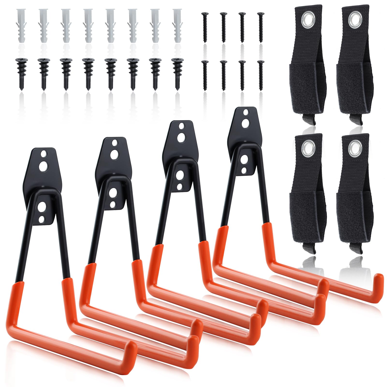 SPEEDWOX 4 Pack Wall Mount Storage Hanger with 4 Pack Nylon Extension Cord Storage Strap Garage Storage Utility Hooks Garage Hooks for Hanging Tool Straps Hook and Loop for Bike Ladder Ropes