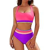 Blooming Jelly Womens High Waisted Bikini Sets Tummy Control Modest Two Piece Swimsuit Retro Sporty Color Block Bathing Suit