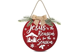 CAPODA Christmas Decorations Wooden Hanging Sign Jesus is The Reason for The Season Xmas Door Hanging Sign Christmas Nativity Scene Front Door Sign Wreath for Xmas Holiday Front Door Wall Decoration (Red)