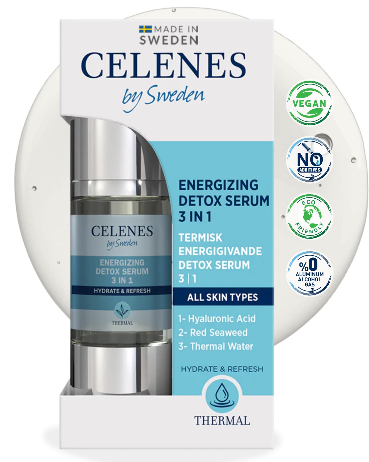 Celenes by Sweden Thermal Energizing Detox Serum 3-in-1 - Hyaluronic Acid, Red Algae & Natural Thermal Water for Hydration and Protection - Suitable for Sensitive Skin - 30ml