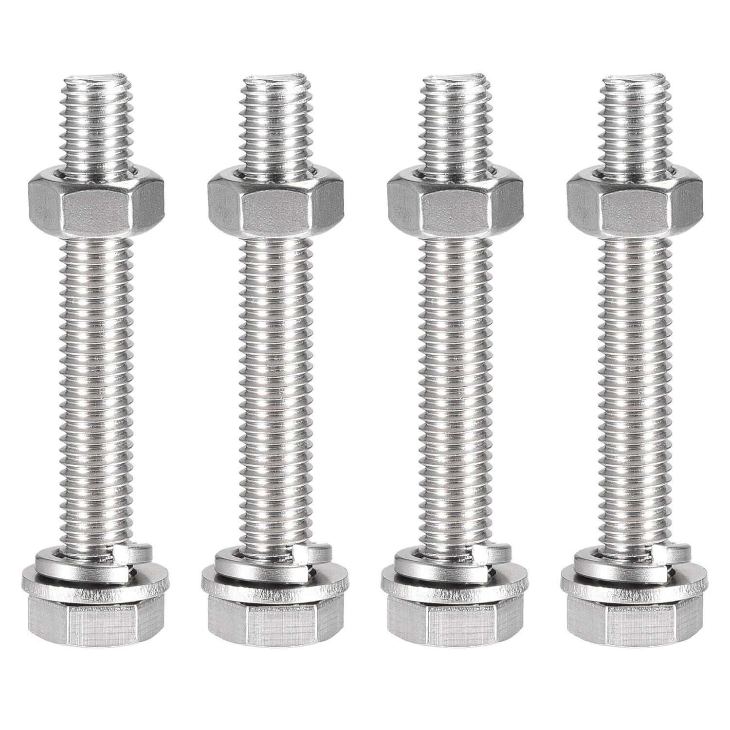TOP-VIGOR 4Pcs M10 x 70mm Hex Head Screws Bolts, Nuts, Flat & Lock Washers Kits, 304 Stainless Steel Fully Thread Hexagon Bolts for DIY Bike Motorcycles Repair