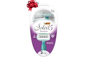 BIC Soleil 5 Sensitive Women's Disposable with 5 Blade Razors, 360-Degree Moisture Strips, Anti-Slip Grip, 2-Pack