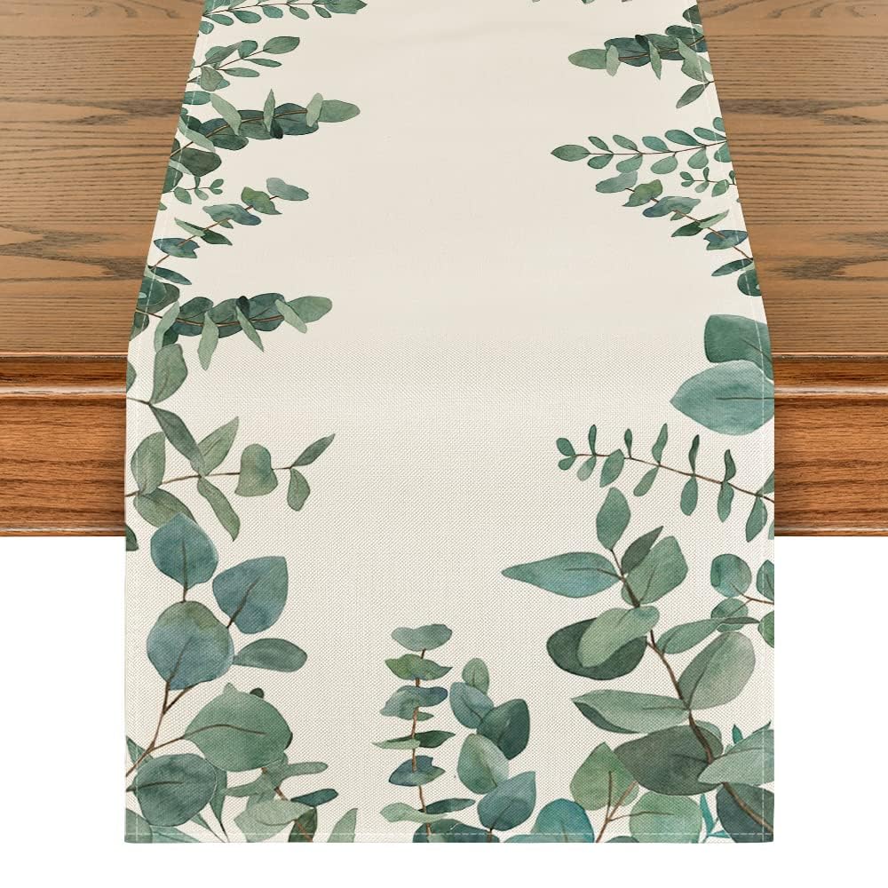 Artoid Mode Eucalyptus Leaves Summer Table Runner, Seasonal Spring Kitchen Dining Table Decoration for Home Party Decor 40x180 cm, Green