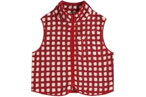 Checkered Polar Fleece Vest for Women, Red Sleeveless Cardigan High Collared Winter Top with Zipper Warm Outfit