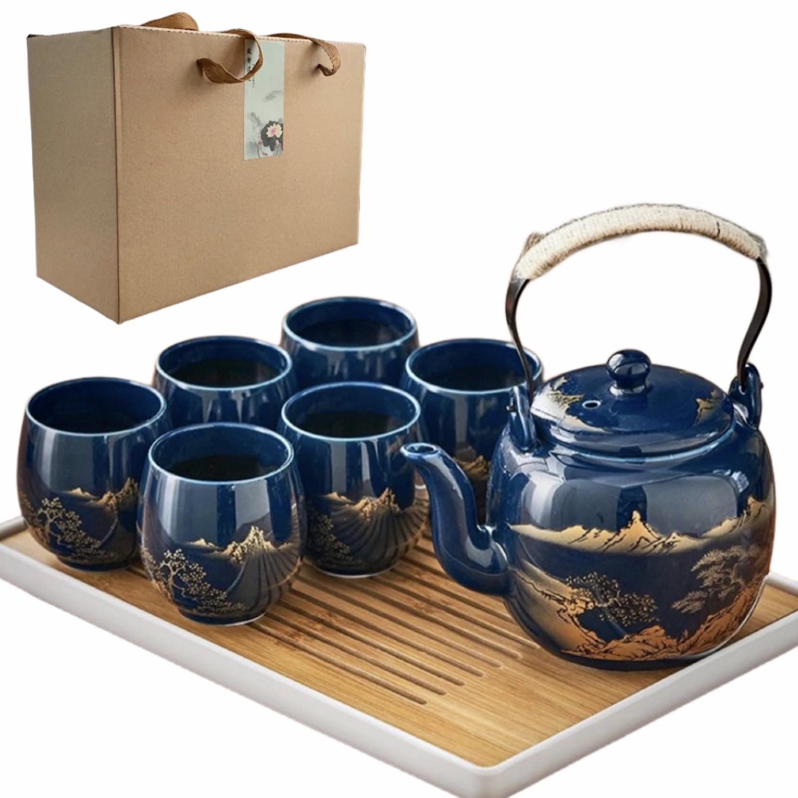 Photo 1 of Japanese Tea Set of 6, 40oz Blue Porcelain Teapot and 6 Cups, Gold Hand-Painted Teaware with Stainless Steel Infuser and Tray, Traditional Style Gift for Tea Lovers, Mother's Day, Birthday
