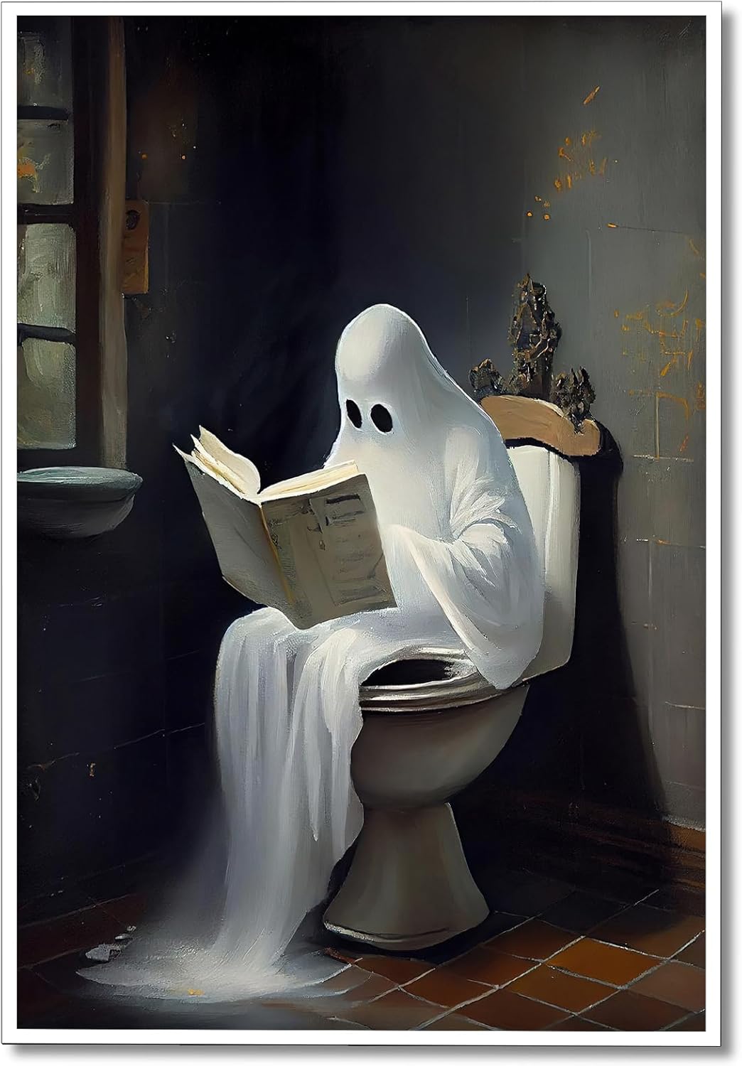 Wall Décor - Wodkodnxy Vintage Cute Ghost on Toliet Reading Books Canvas Wall, Art Funny Gothic Aesthetic Posters, Horror Halloween Pictures, Spooky Dark Academia Wall Decor for Washroom bathroom 12x16in Unframed