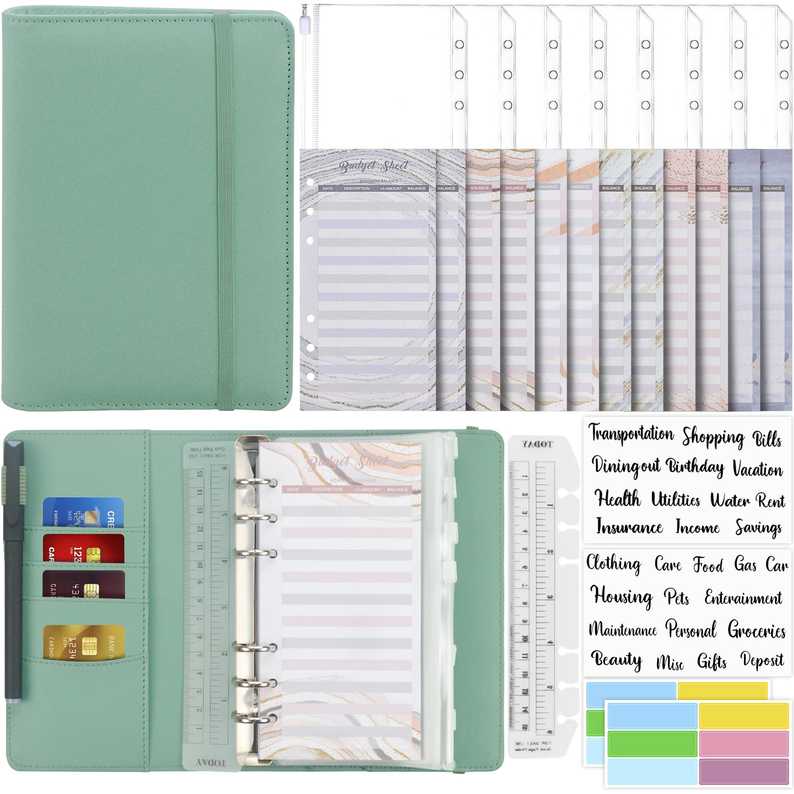 Mlife Budget Binder,A6 Binder with Zipper Envelopes Money Organizer for Cash Bills Coupon Card, Budget Planner for Saving Money,Cash Envelopes for Budgeting,Money Saving Binder (Green), Elastic Band