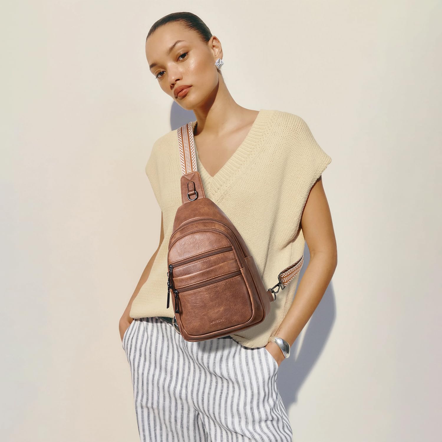 Leresas Sling Bag for Women Crossbody Bags Fanny Packs Over Shoulder Bag Sling Purse Backpack Vegan Leather Travel Brown