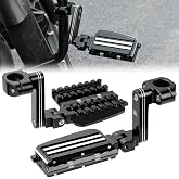 KEMIMOTO Adjustable Long Angled Highway Pegs with Expandable Heel Rests | 1.25" CNC Aluminum Highway Pegs Fits for Street Glide Road King Road Glide Softail Dyna Sportster 1-1/4" Engine Guard Black