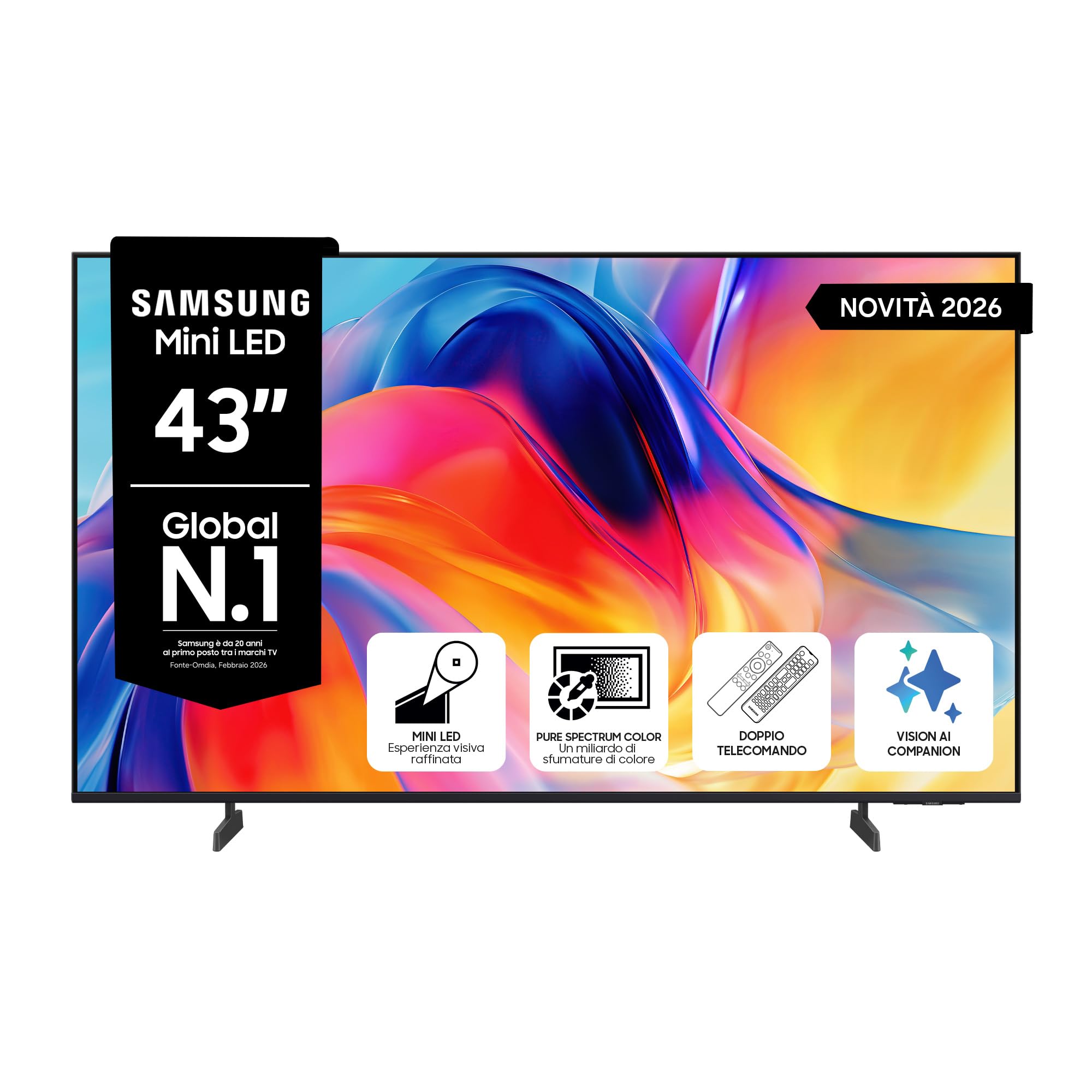 Samsung Smart TV 43" UE43M72HAUXZT Mini LED 4K, HDR 10+, Motion Xcelerator 50Hz, Dynamic Sound Pack, Gaming Hub, Pure Spectrum Color, Knox Security, Voice Control with AI(VAC), Vision AI, 2026