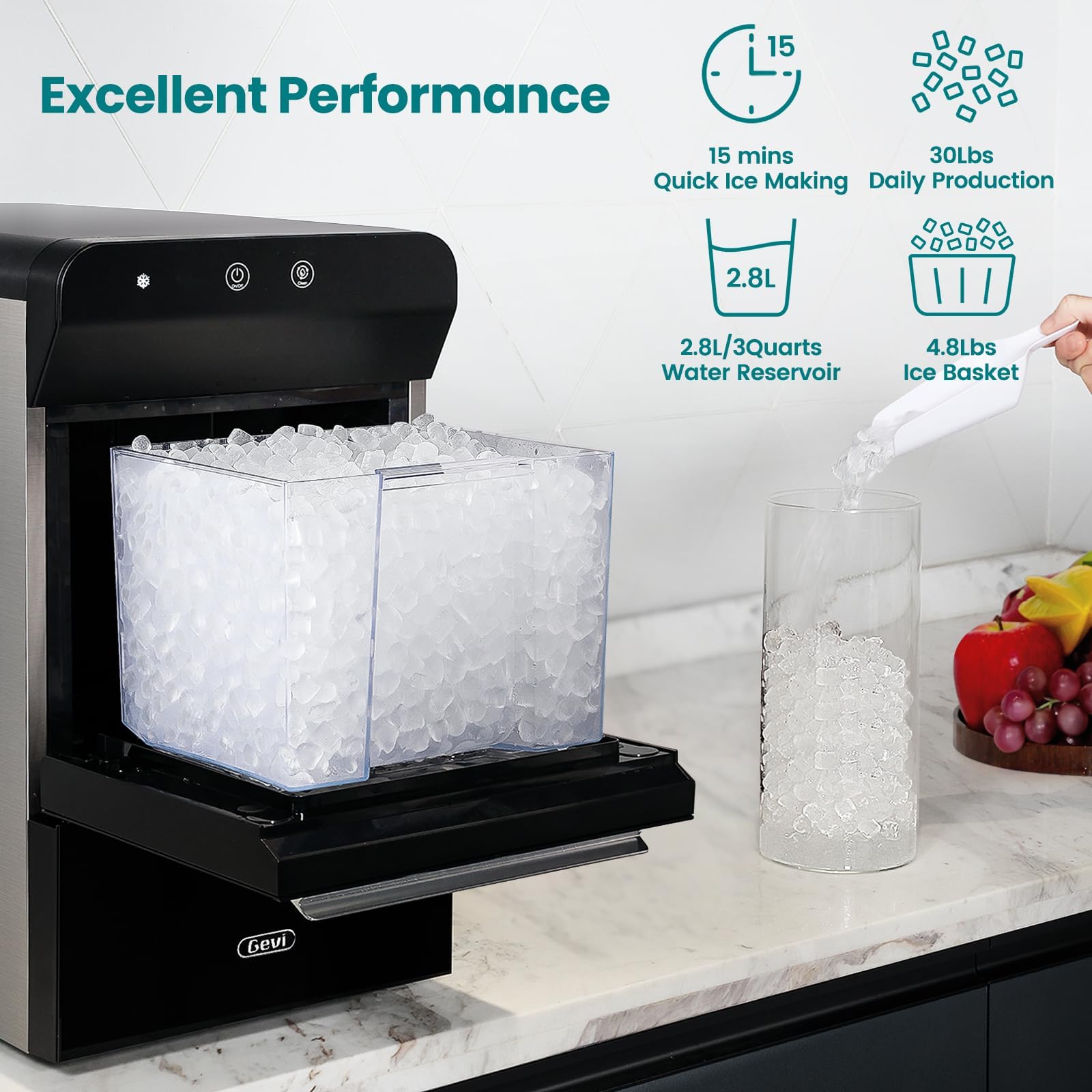 Gevi Household V2.0 Countertop Gemi Nugget Ice Maker Open and Pour Water Refill | Stainless Steel Housing | Fit Under Wall Cabinet | White