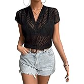 SweatyRocks Women's Sheer Mesh See Through Short Sleeve Blouse V Neck Plain Tee Shirt Tops