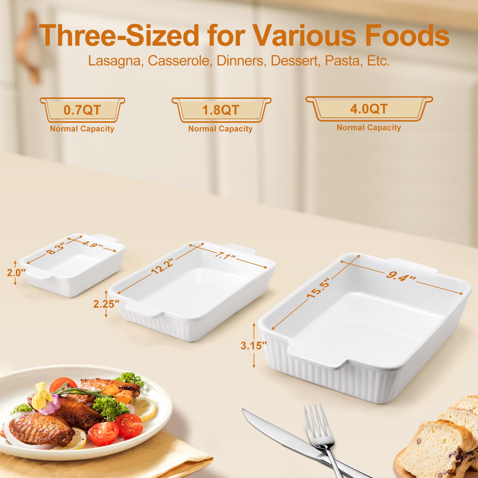 Bakeway Casserole Dishes for Oven, Ceramic Baking Dish Set with Handles, Porcelain Rectangular Lasagna Pan Deep of 3, Oven-Safe Bakeware Sets for Cooking, Kitchen, Holiday Gifts (15.5