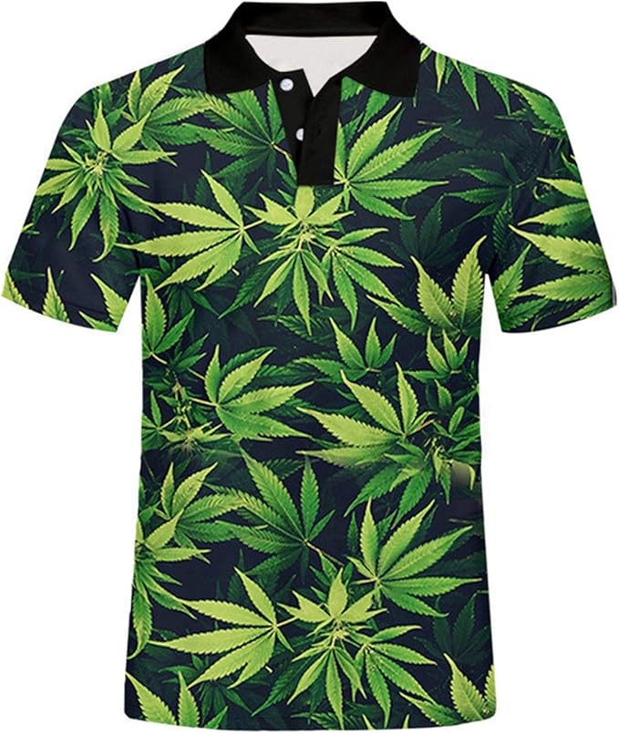 Novelty Green Weed Leaves 3D Print Polo Shirts Men Street Short Sleeve
