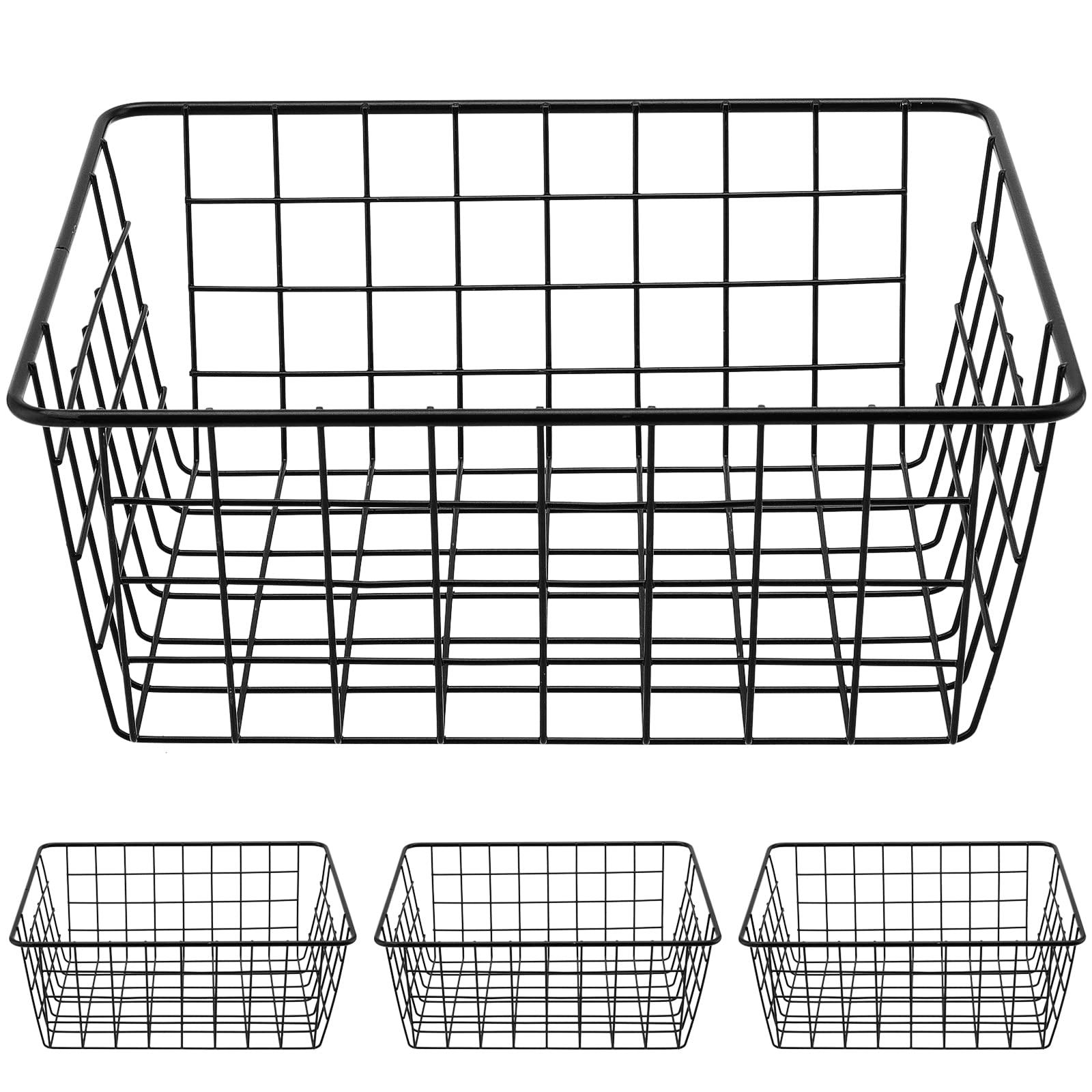 PINGEUI 4 PCS Black Metal Wire Baskets, Wire Organiser Storage Baskets with Handles, Metal Wire Basket Organiser for Kitchen Cabinet, Pantry, Closet, Bedroom, Bathroom, 28 x 22 x 12cm