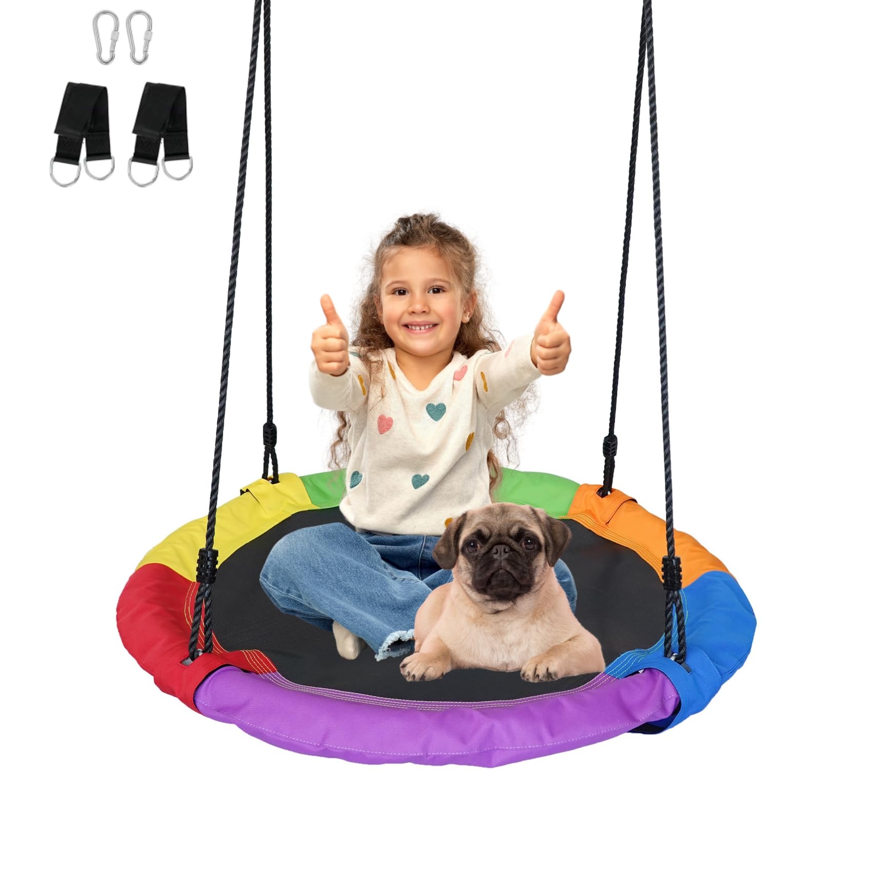 JUNGLE WELL Nest Swing Seat for Kids - 100cm Heavy Duty 900D Oxford Fabric, 160KG Capacity, Adjustable Tree Straps & 2 Carabiners | UKCA & CE Certified for Indoor & Outdoor Use (Rainbow)