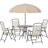 Outsunny 6 Piece Patio Dining Set for 4 with Umbrella, Outdoor Table and Chairs with 4 Folding Dining Chairs & Round Glass Ta