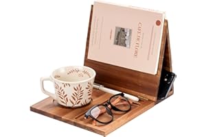 WOIQEUWR Wooden Book Stand Holder for Page Rest, Nook Reading Valet with Cup Mug Pen Holder, Triangle Stand for Nightstand Desktop Bedside, Book Lover Birthday Gifts for Readers (Dark Acacia)