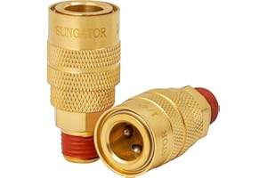 SUNGATOR 2 Pack 3/8'' Male NPT Industrial Air Couplers with 1/4'' Flow Hole, Brass 3/8'' MNPT Thread to 1/4'' Air Hose Fittings, Quick Connect Pneumatic Air Couplers with Pre-Coated Sealant