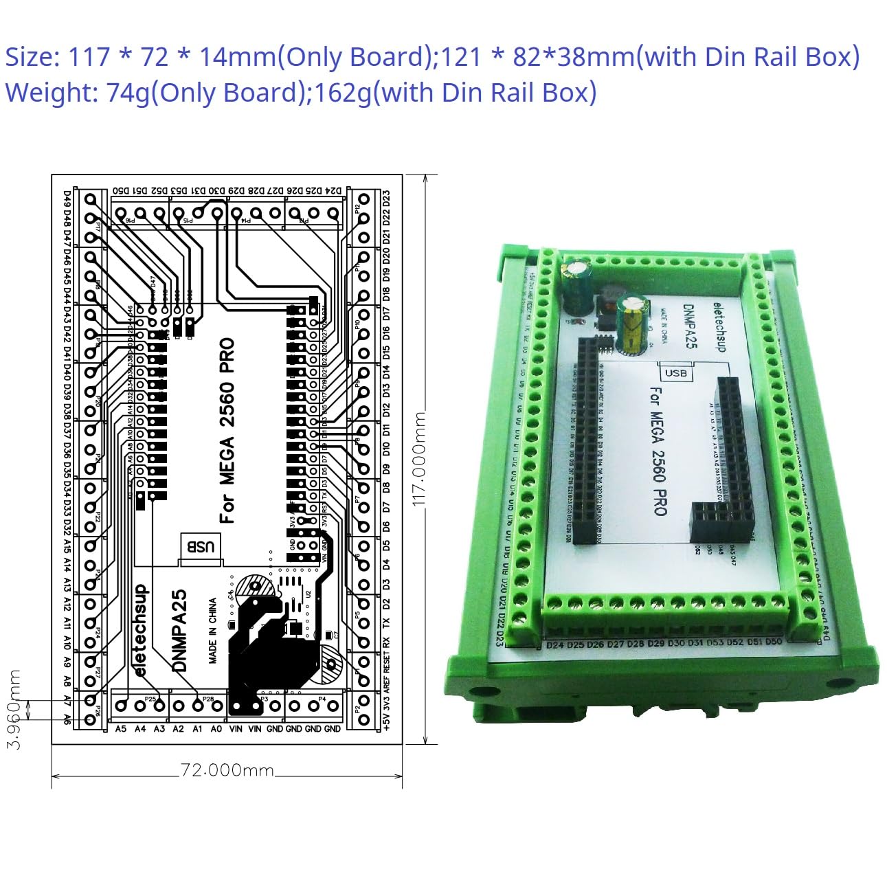 eletechsup MEGA2560 PRO DIN Rail Expansion Board DC-DC 5V 2A Converter 3.96mm Mount Screw Terminal Block Adapter Module DNMPA25 for Arduino (with Rail Box, 4 apcs)