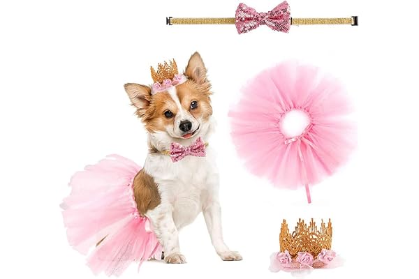 Lopsity Dog Tutu Pet Party Hat and Bow tie Collar Set Adjustable Headband Dress Tie for Puppy Cats Pet Outfit Birthday Weddin