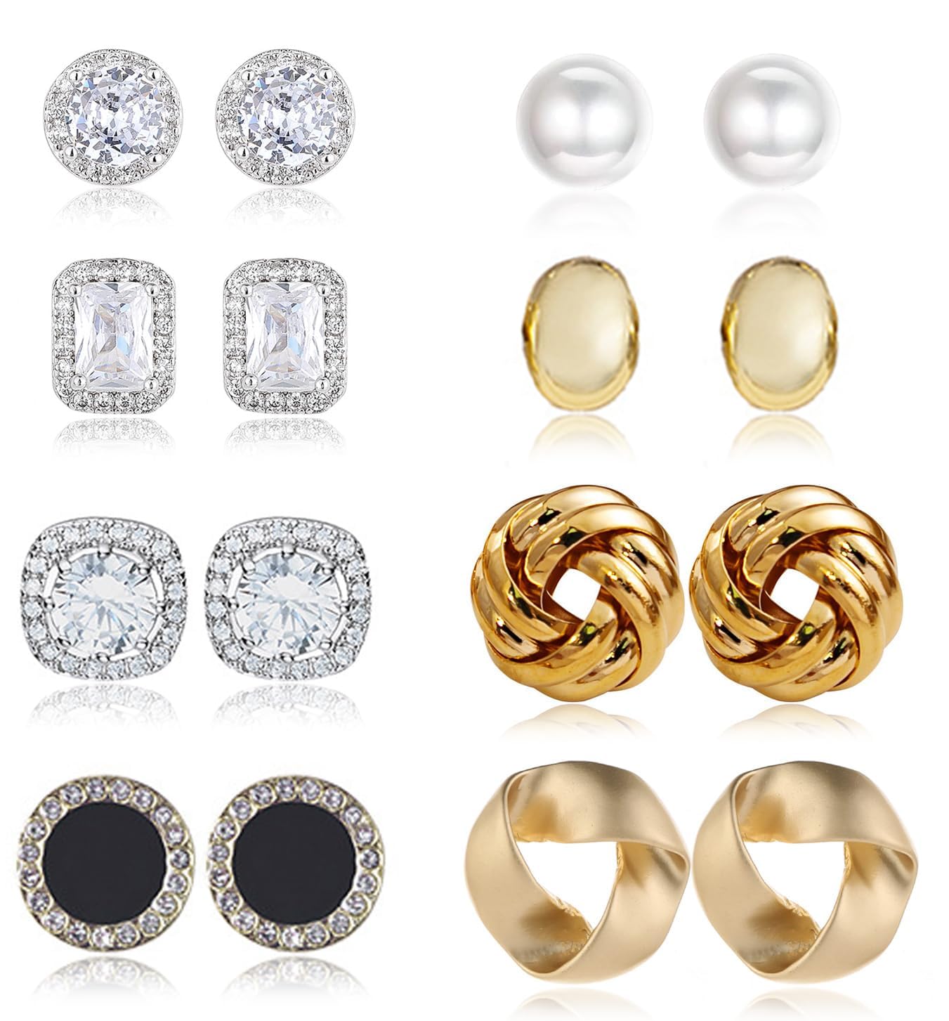 YANJINMY 8 Pairs Stud Earrings Set for Women Cubic Zirconia Halo Studs Gold Knot Twist Stud Earrings Faux Pearl Simple Post Earrings for Women