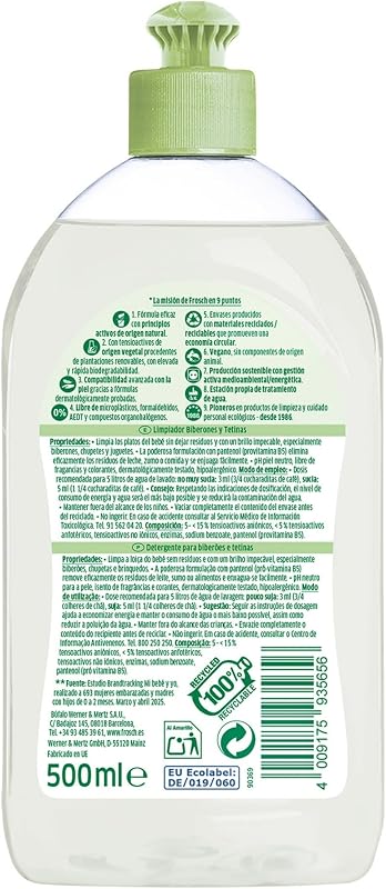 - Garrafas, Tetas e Chupetas Ecológicas de Detergente com Pantenol | Hipoalergénico e Gel de Limpeza Sem Fragrância | Embalar 2 x 500 ml