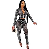 Womens Sexy 2 Pieces Mesh Rhinestone Crop Tops Shirts Bodycon Pants Party Clubwear Tracksuit Outfits Set